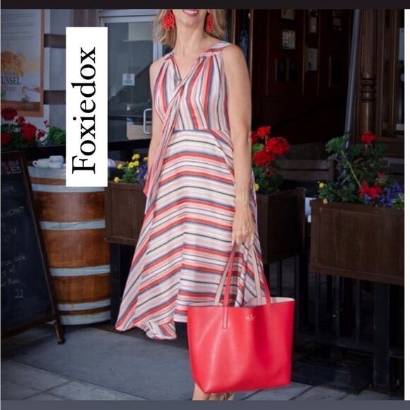 NWT FOXIEDOX Multi Color Metallic Striped Tie-neck Fit & Flare Dress Sz S - Picture 1 of 10